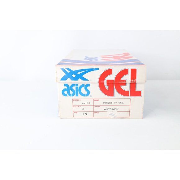 NOS Vintage 90s Asics Mens 13 Spell Out Intensity Gel Sneakers Shoes White Navy